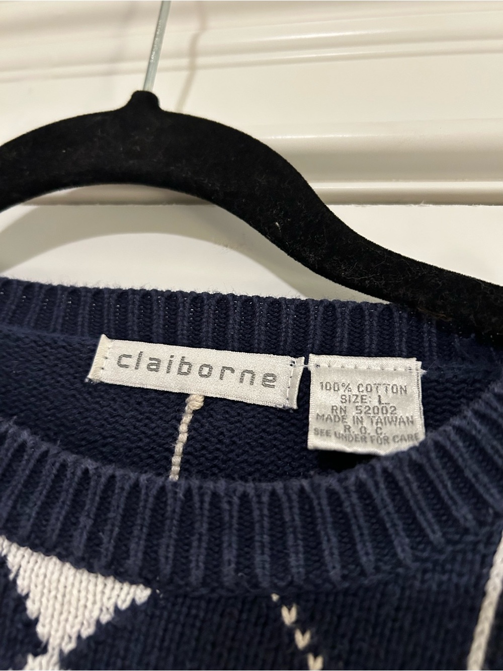 Navy Argyle Stripe Cotton Relaxed Fit Sweater Large - Picture 4 of 4